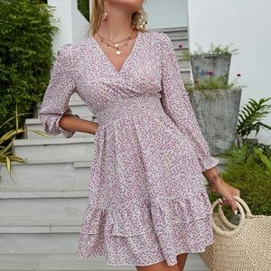 Boho floral print shirred ruffle hem mini dress